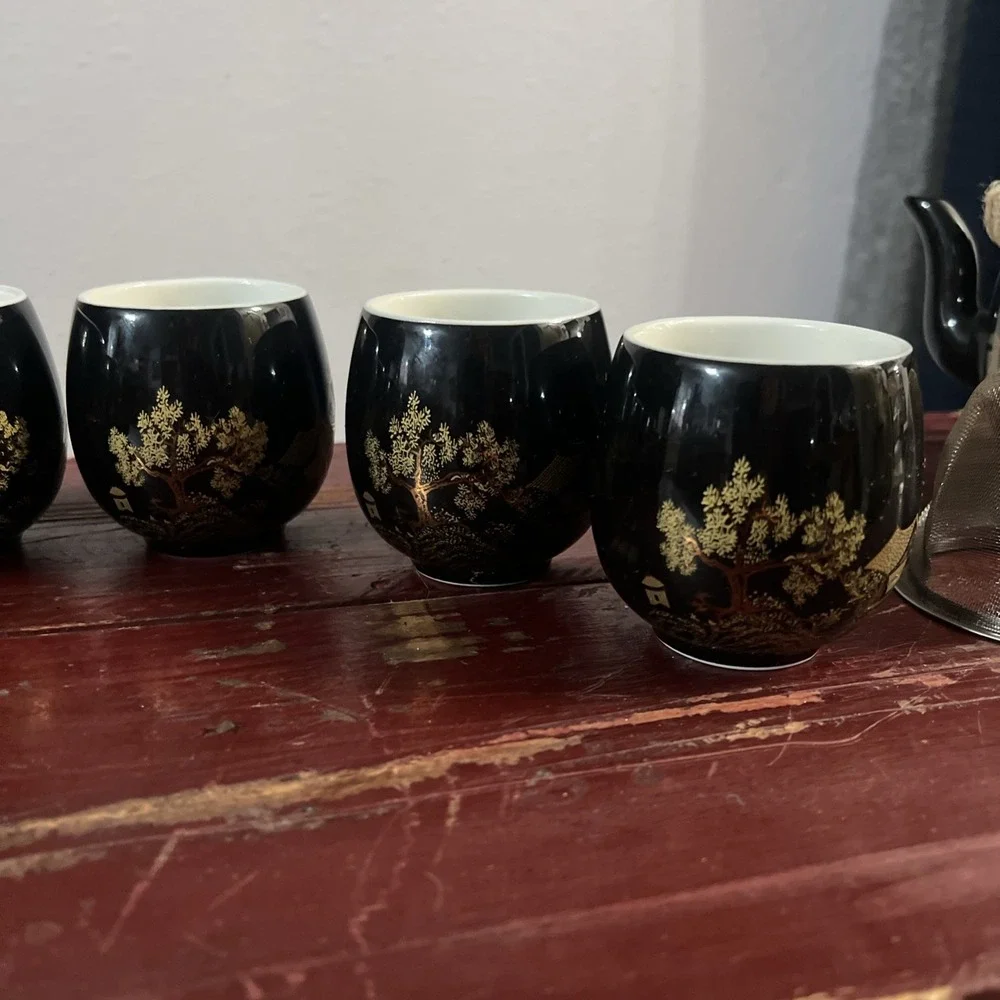 Vintage Dujust Japanese Tea Pot & 6 Cups Black & Gold House & Tree‎ Design